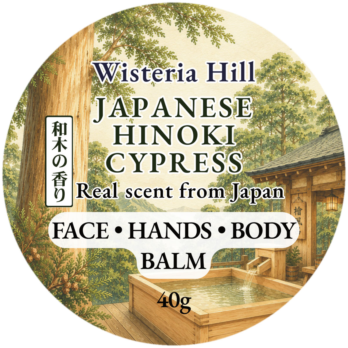 Hinoki Cypress botanical balm front label